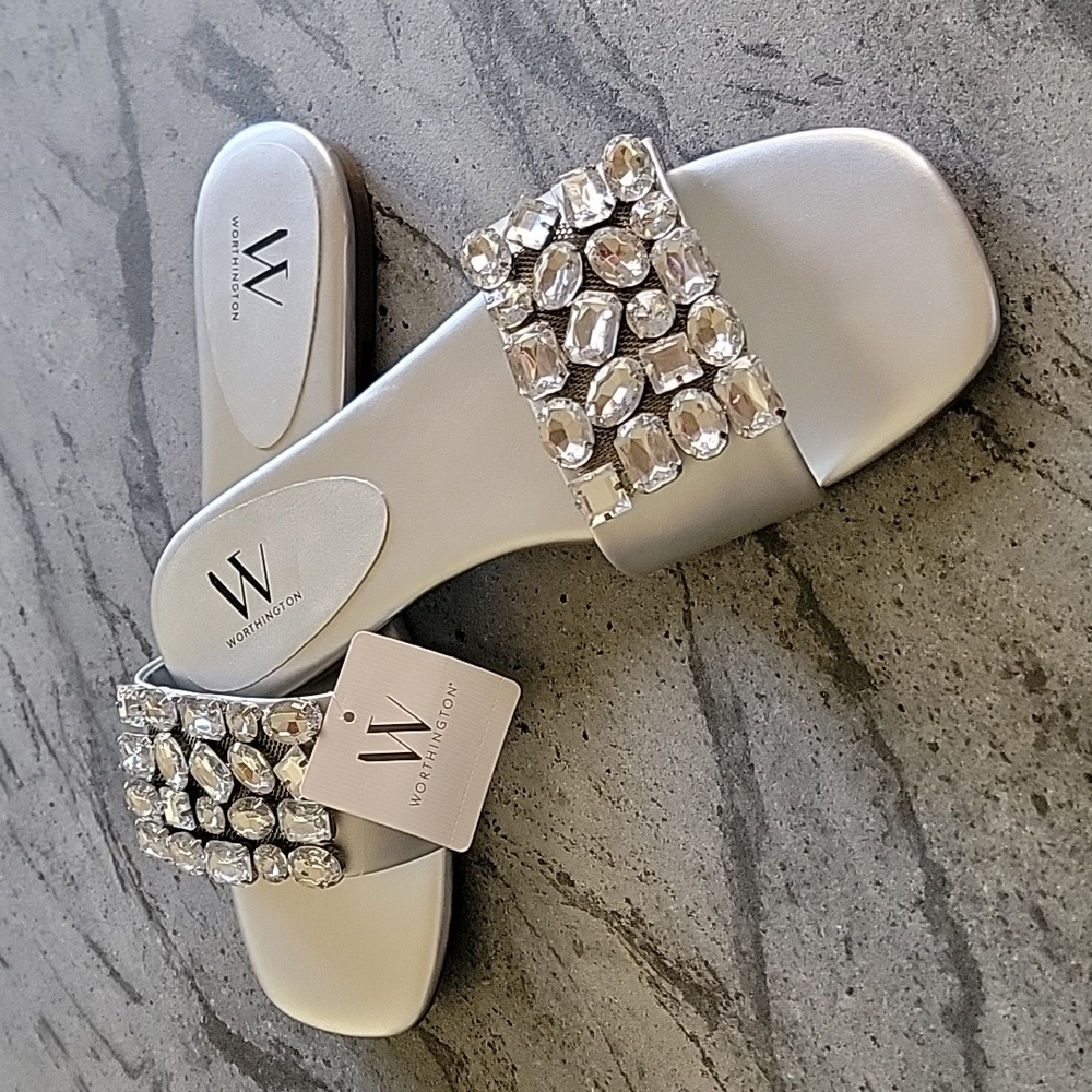 WORTHINGTON Slide Sandals w/Large RHINESTONES Silver size 11M NWT